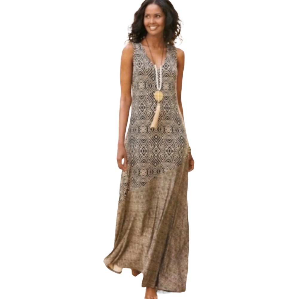 Soft Surroundings Tulum Brown & Tan Printed V Neck Jersey Knit Maxi Dress
